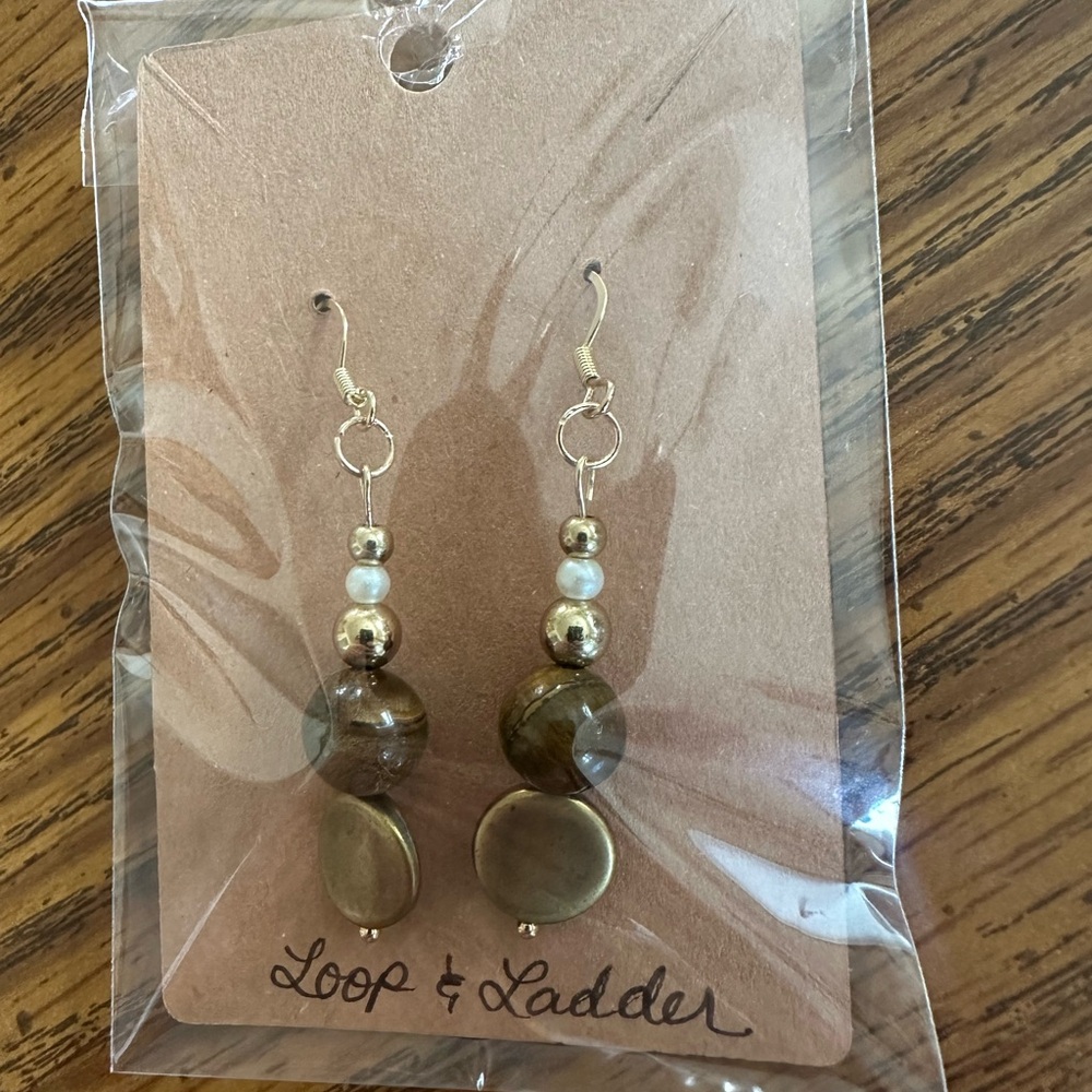 Gold and Brown Bead Drop Earrings